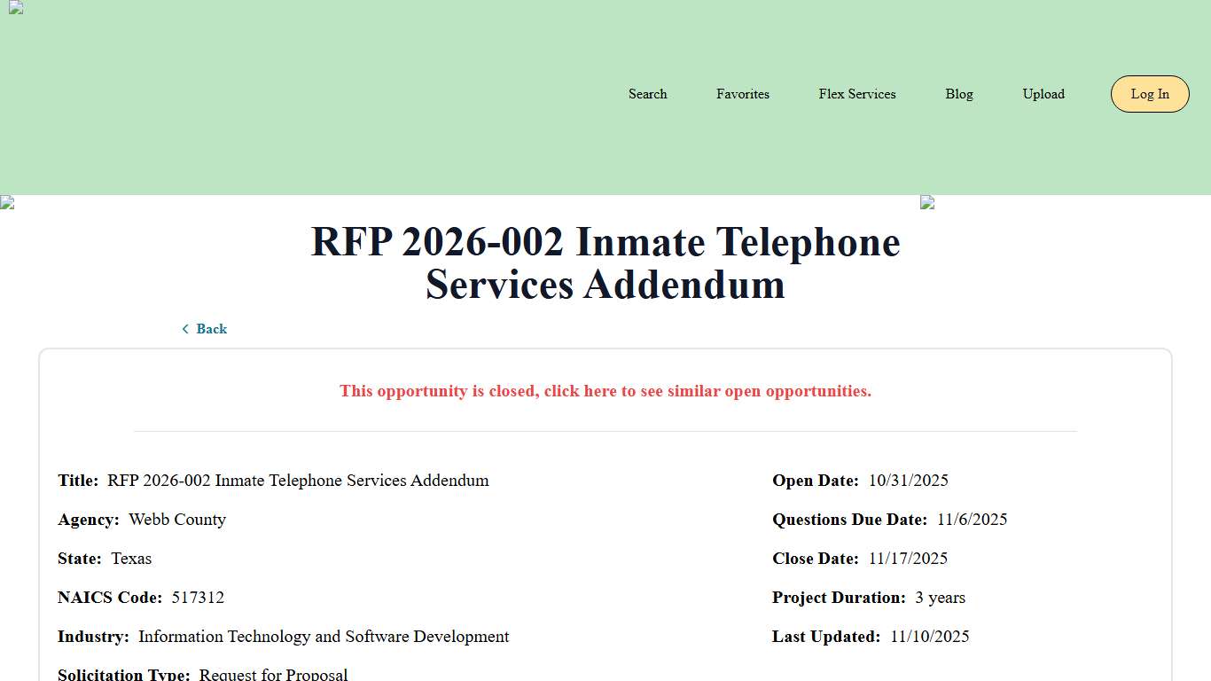 RFP 2026-002 Inmate Telephone Services Addendum Bid Banana