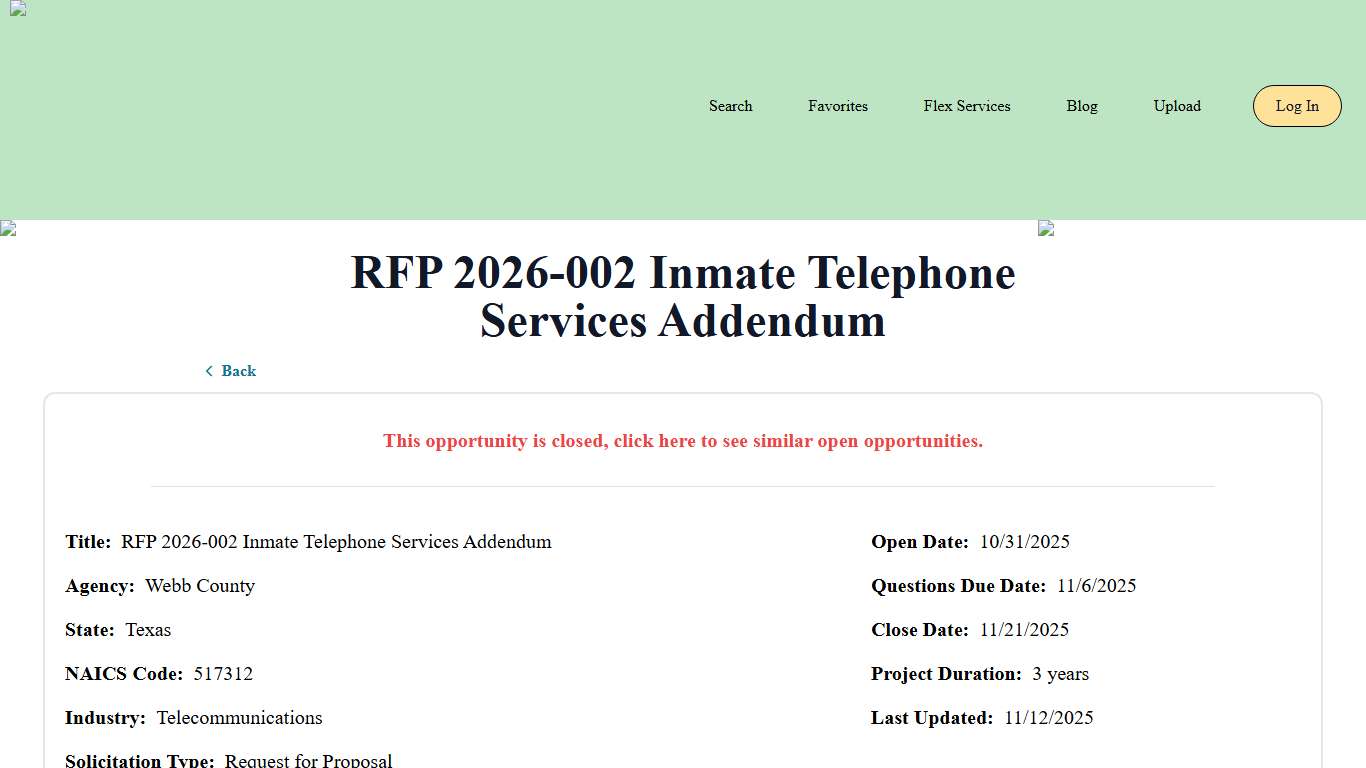 RFP 2026-002 Inmate Telephone Services Addendum Bid Banana